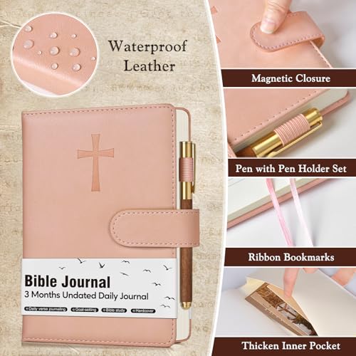 Leather Christian Bible Journal for Women Men, Prayer Journal for Scripture Study & Daily Devotional, Undated Church Notes Notebook, Jesus Religious Faith Gifts for Pastor, Graduation, Baptism, Pink - color: Pink