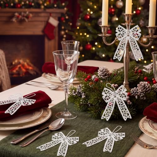 Lunmon 48 Pcs Christmas Crochet Bows Ornaments for Christmas Tree, White - style: Bows