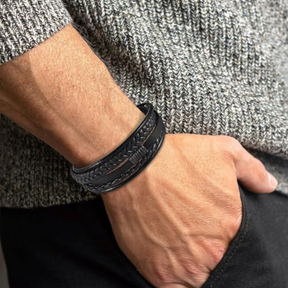 Leather Bracelet for Men Braided Stainless Steel Mens Bracelets - color: Black-BlackBuckle