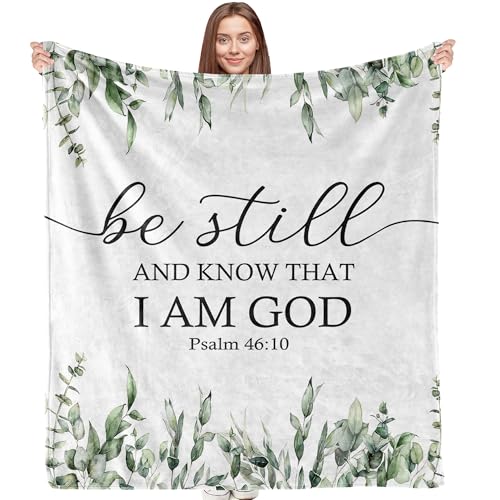 Christian Bible Verse Blanket, Christian Gifts for Women Men, Be Still and Know That I Am God Religious Scripture Throw Blankets for Bedroom Living Room Couch Sofa, 50x60 Inches - color: Green Leaf