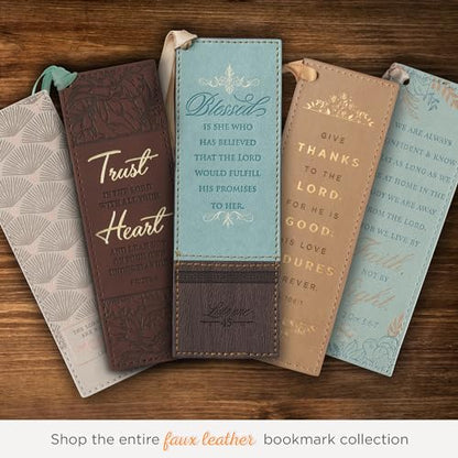 Christian Art Gifts Faux Leather Scripture Bookmark: Blessed is She - color: Brown/Blue - Blessed