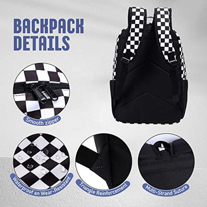 UREYMX Checkered Backpack - School Backpack for Kids, Large Capacity, Waterproof, Lightweight, Black - color: Black and White Plaid