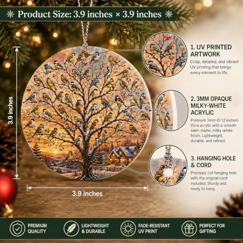 Bird Ornaments for Christmas Tree with Winter Songbirds and a Cozy Snowy Cabin Scene, Christmas 2026 Decorations for Bird Lovers and Bird Watchers, Nature-Inspired Holiday Tree Decor - color: Bird Ornament