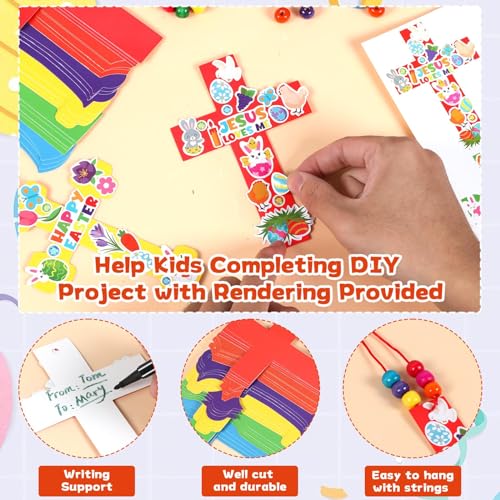 Qyeahkj 30 Set Vbs Christian Cross Necklace Craft Sunday School Cross Craft Kit for Kids DIY Religious Bible Vbs Sticker Ornament Arts Bulk Activities Decor for Church Classroom Party Supplies