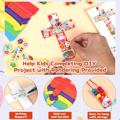 Qyeahkj 30 Set Vbs Christian Cross Necklace Craft Sunday School Cross Craft Kit for Kids DIY Religious Bible Vbs Sticker Ornament Arts Bulk Activities Decor for Church Classroom Party Supplies