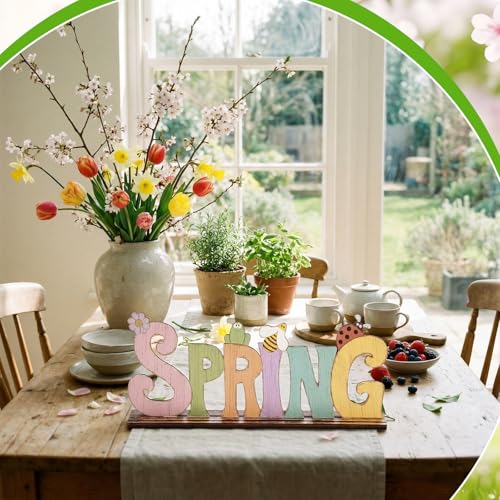 Yousoontic Fall Scarecrow Table Decorations Wooden Autumn Table Centerpieces Farmhouse Pumkin Maple Leaves Tabletop for Home Harvest Thanksgiving Kitchen Office(Spring) - style: Spring