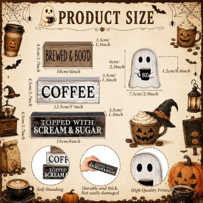 Lineshading 4 Pcs Halloween Ghost Blocks, Wooden Coffee Farmhouse Decor - style: Brewed & Boo'd Coffee