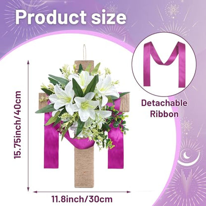 Easter Cross Wreaths for Front Door, 16" Religious Spring Wreath with Lily and Purple Ribbon, Christian He is Risen Easter Decor, Rustic Twine Wrapped Hanging Ornament Wall Porch Farmhouse Home Decor