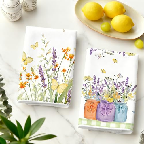 Wildflower Kitchen Towels Set of 4, Butterfly Floral Dish Towels - color: Green Floral