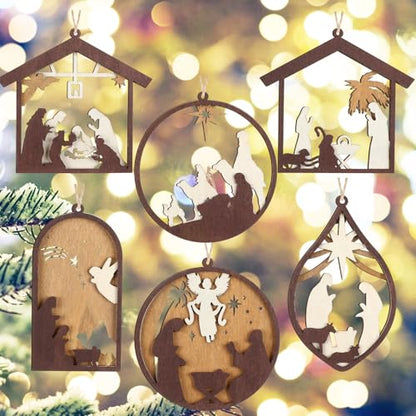 Bucherry 6 Pcs Wooden Christmas Nativity Scene Ornaments Bulk,Retro Style - style: Retro Style