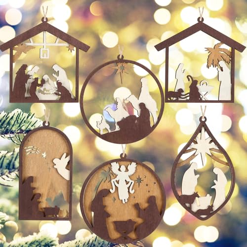 Bucherry 6 Pcs Wooden Christmas Nativity Scene Ornaments Bulk,Retro Style - style: Retro Style