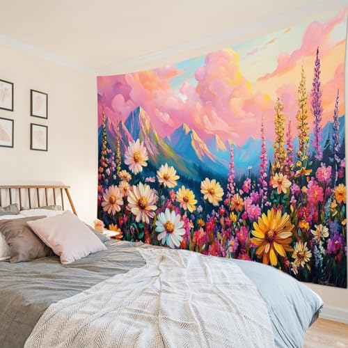HVEST Pink Floral Mountain Tapestry Wall Hanging Pink Cloud and Flower Wall Art Tree Forest Nature Landscape Tapestry for Bedroom Living Room Dorm Wall Decor,92.5W X 70.9H inches - color: Pink, size: 70.9"L x 92.5"W