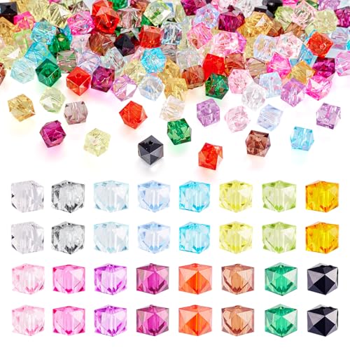 FASHEWELRY 160Pcs Clear Acrylic Cube Beads 10mm Square Crystal Beads Transparent Faceted Kandi Bead Colorful Cube Spacer Bead for Bracelets Necklace Earring DIY Jewelry Making - color: Cube-16 Colors
