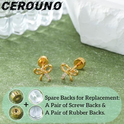 CEROUNO Flat Back Stud Earrings - 925 Sterling Silver Post Flatback Earrings Gold Silver Cubic Zirconia Earrings Studs for Women - color: Gold Bow
