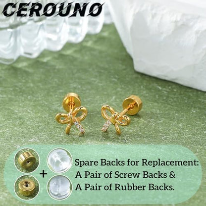 CEROUNO Flat Back Stud Earrings - 925 Sterling Silver Post Flatback Earrings Gold Silver Cubic Zirconia Earrings Studs for Women - color: Gold Bow