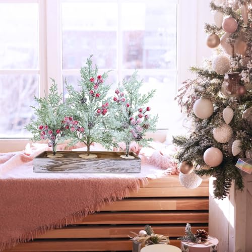 Winlyn 3 Pack Mini Christmas Trees with Wood Box Farmhouse Centerpiece Small Snowy Artificial Cedar Trees with Red Berries and Wood Bases Table Decorations for Rustic Home Winter Holiday Mantel Décor