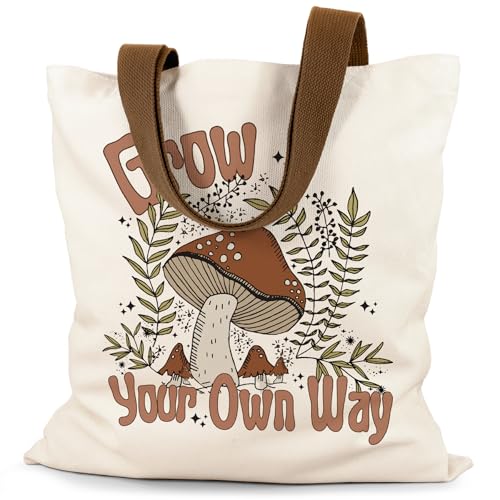 Canvas Tote Bag Aesthetic for Women, Cute Tote Bag with Zipper Pocket, Heavy Duty Reusable Shopping Bags for Grocery - color: 13-boho Mushroom