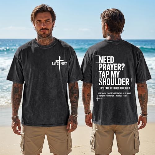 BINTEHGS Mens Christian T Shirts Need Prayer Tap My Shoulder Shirt Jesus Faith Oversized Graphic Tees God Acid Wash Tshirt - color: Black, size: Medium