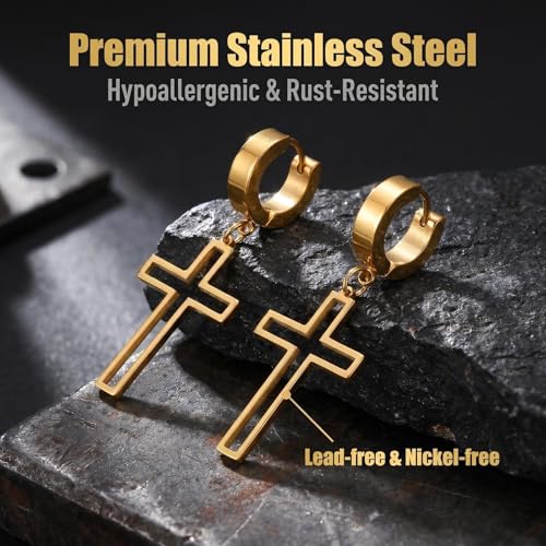 Gold Cross Earrings for Men - Stainless Steel Gold Plated | Hypoallergenic Dangle Cross Earrings Jewelry | Daily Wear & Birthday Gifts - color: Gold-Huggie