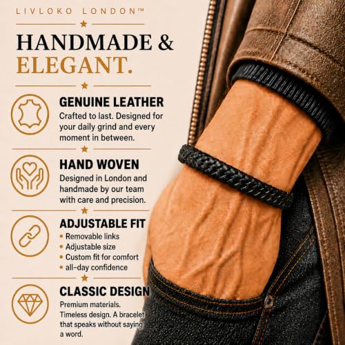 LONDON Mens Braided Leather Bracelet for Men, Adjustable Stainless Steel Clasp Wrist Bracelet, Motivational Meaningful Personalized Gift for Him, Birthday Fathers Day Gift for Him Husband Boyfriend Dad or Son, with Premium Gift Box, Handmade in Black & Br