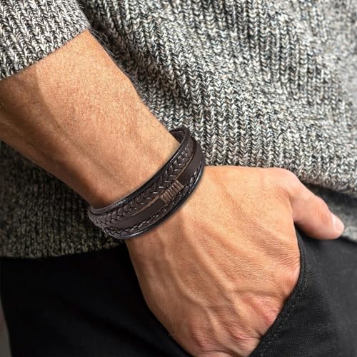 Leather Bracelet for Men Braided Stainless Steel Mens Bracelets - color: Brown-SilverBuckle