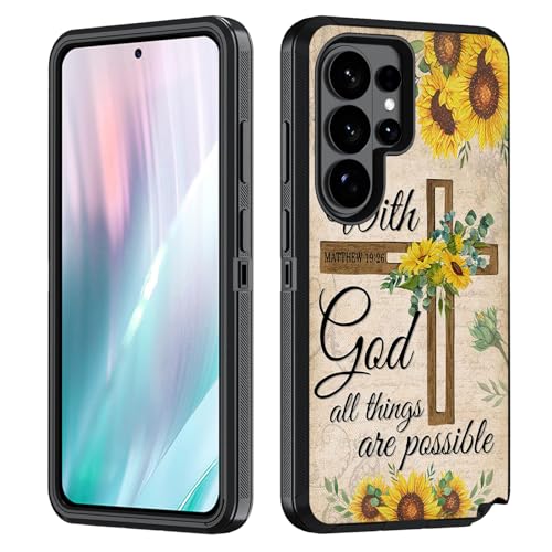 for Samsung Galaxy S26 Ultra Case, Heavy Duty 3 in 1 Hybrid Hard PC & Soft Silicone Shockproof Drop Protection Case for Galaxy S26 Ultra 5G 6.9", Christian Cross Quote Bible Verse Matthew 19:26 - color: Christian Cross Quote Bible Verse Matthew 19:26, siz