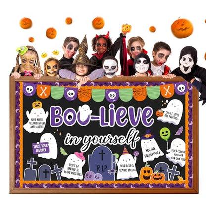 Halloween Ghost Bulletin Board Set Boo-Lieve in Yourself Affirmation Station Bulletin Board Classroom Decorations Cute Ghost Pumpkin Paper Cutouts for Halloween Party School Classroom Home Wall Decor - style: Ghost