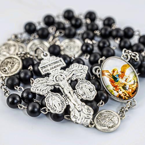 St. Michael the Archangel Catholic Rosary Necklace for Men, 8MM Black Hematite Prayer Beads Packed in Travel Jewelry Box, Rosary Beads Catholic Saints Gifts for Men - color: Black Agate