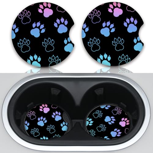 Absorbent Car Coasters for Cup Holders, 2 Pack Universal Neoprene Car Coasters with Finger Slot, Auto Accessories for Women & Men,2.56"(Gradient Black Dog paw Print) - color: Gradient Black Dog Paw Print