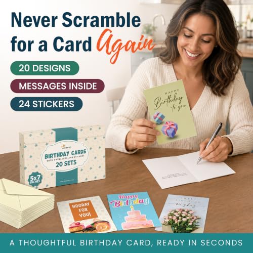 5x7 Inch, 20 Pack Assorted Happy Birthday Cards Bulk Boxed Set