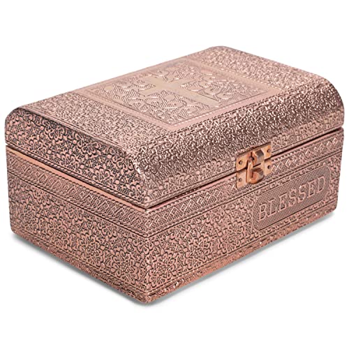 Cottage Garden Blessed Copper Tone Metal Stamped Round Top Trunk Keepsake Box - color: Copper Tone, style: Blessed