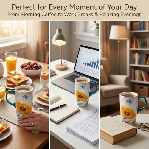 Topadorn 17oz Ceramic Travel Mug with Lid, Blue Daisy Floral Mug - color: Yellow Flower