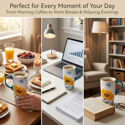 Topadorn 17oz Ceramic Travel Mug with Lid, Blue Daisy Floral Mug - color: Yellow Flower
