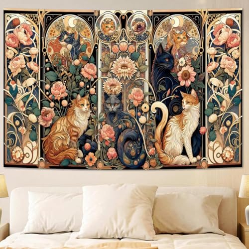 Apdidl Boho Floral Tapestry for Bedroom, Vintage Cute Cat Wall Hanging - color: Boho Wall Tapestry, size: 79"L x 60"W