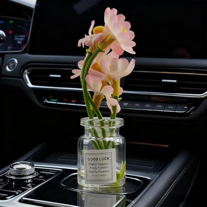 3PCS Daisy Flower Car Dashboard Decorations, Cute Mini Glass Vase Daisy Flower Vehicle Decor, Automotive Interior Aesthetic Dash Ornaments for Women Girl, Universal for SUV Truck Sedan