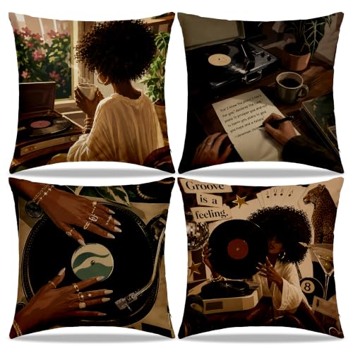 Dibor Black Women Vinyl Record Music Throw Pillow Covers 18x18 Set of 4 - color: Woman