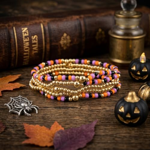 Gold Pearl Beaded Cross Bracelets Stack Set for Women, Boho Handmade Colorful Small Beads Stretchable Jewelry Friendship Summer Trendy Gift. - color: black and orange