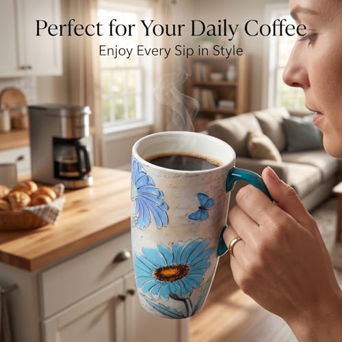 Topadorn 17oz Ceramic Travel Mug with Lid, Blue Daisy Floral Mug - color: Yellow Flower