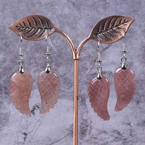Gemstone Crystal Healing Reiki Chakra Handmade Angel Wing Dangle Earrings - color: Strawberry Quartz