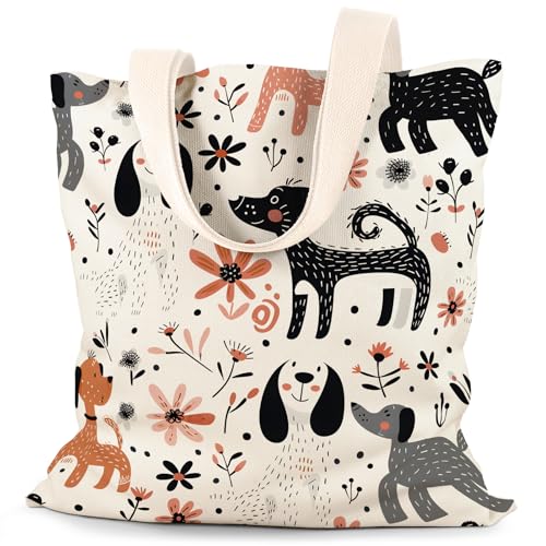 Canvas Tote Bag Aesthetic for Women, Cute Tote Bag with Zipper Pocket, Heavy Duty Reusable Shopping Bags for Grocery - color: 03-cute Dogs