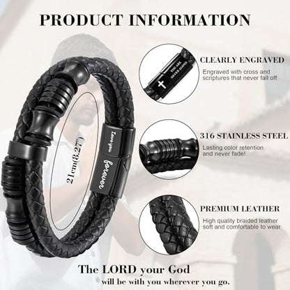 Christian Gifts for Mens Jewelry Black Double Layer Leather Cross Bible Verse Bracelets for Men, Teen Boys Religious Baptism Confirmation Gifts for Son Grandson Brother Teenages Gift Ideas - color: Grandson(8.27 Inch)
