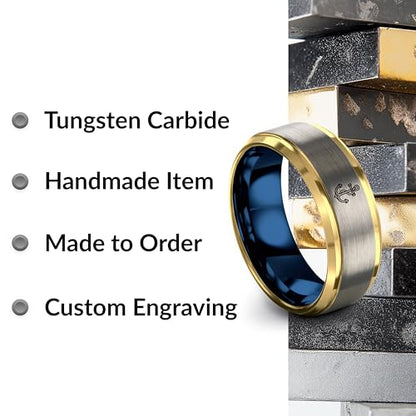 Gift for Nautical Fan - Anchor With Rope Ring - Men Women - Tungsten - Flat Dome Bevel - Band - Yellow Gold Black Silver Blue - Anniversary Wedding - 8mm - Brushed Polished - Personalized Custom Engra - color: 09 - Yellow Gold Blue Grey Tungsten
