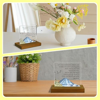 Psalm 143:8 Sign, Let The Morning Bring Me Word Of Your Unfailing Love, Bible Verse Sign, Christian Quote Plaque Scripture, Acrylic Desk Decor Sign with Wood Stand - FSA080 - style: Psalm 143:8