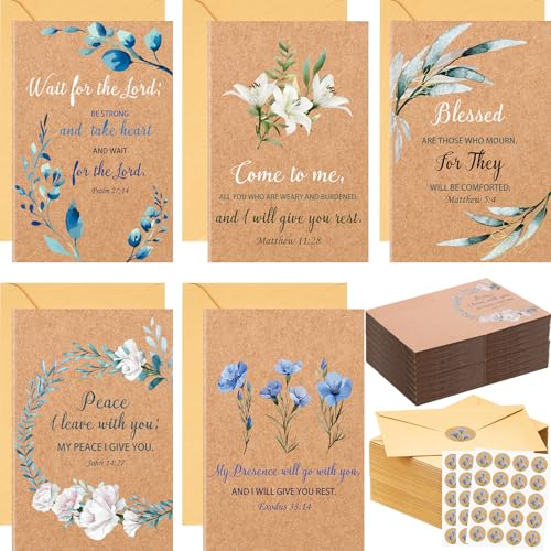 Motiskyy 100 Sets Religious Sympathy Cards with Envelopes and Stickers Assorted Watercolor Floral Greenery Kraft Condolence Bereavement Greeting Cards for Comfort During Loss and Grief