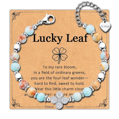 Bracelet for Women Natural Stone Beaded, Stainless Steel Charms, Adjustable - color: 12-Clover