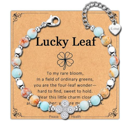 Bracelet for Women Natural Stone Beaded, Stainless Steel Charms, Adjustable - color: 12-Clover