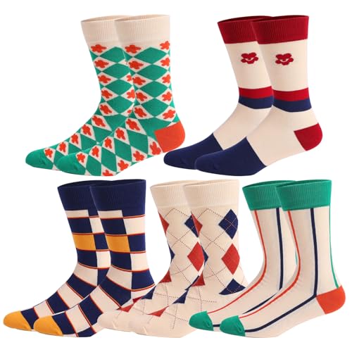 Men's Colorful Striped Dress Socks, 5-Pack Cotton, Sock Size 10-13 - color: Classic Argyle & Pattern Mix