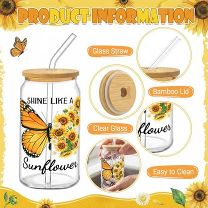 Glass Cups with Lids and Straws, 6Pack, 16oz, Sunflower Christian - style: Sunflower