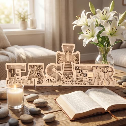 Easter Table Decorations Christianity Is Risen Easter Resurrection Scene with Cross Laser Cut Religious Christian Tabletop Centerpiece Jesus Nativity Scene for Home Church Tiered Tray Decor - style: Nativity Scene