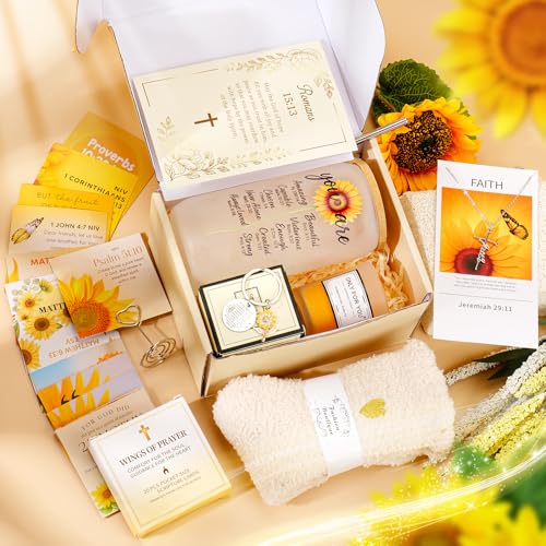 13PCS Christian Gifts For Women Faith -Inspirational Religious Birthday Gifts,Sunshine Box Spiritual Baptism Baskets for Her, Mom,Grandma,Wife,Mothers,Friend, Sister Birthday Valentine's Day Gift - color: Sunflower